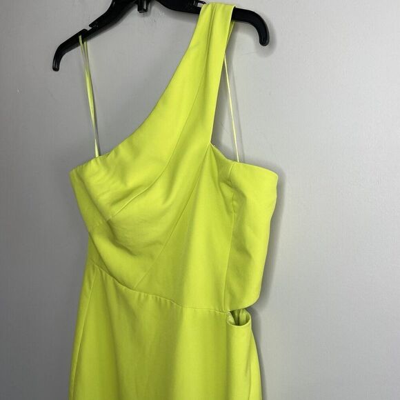 AIDAN Aidan Mattox Gown Women 6 Neon Green One Shoulder Sheath Cut Out High Slit - Picture 3 of 11